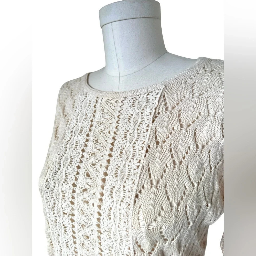 Romantic Lace panel sweater Snereono knit crochet pointelle cream, scoop neck